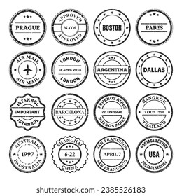 Post stamps, labels and badges. Grunge imprints and postmarks. Vintage circle postcard watermarks. Used envelope design elements. Vector illustration