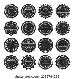 Post stamps, labels and badges. Grunge imprints and postmarks. Vintage circle postcard watermarks. Used envelope design elements. Vector illustration