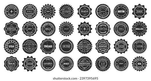 Post stamps, labels and badges. Grunge imprints and postmarks. Vintage circle postcard watermarks. Used envelope design elements. Vector illustration