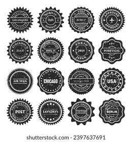 Post stamps, labels and badges. Grunge imprints and postmarks. Vintage circle postcard watermarks. Used envelope design elements. Vector illustration