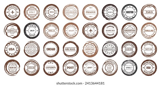 Post stamps, labels and badges. Grunge imprints and postmarks. Brown vintage circle postcard watermarks. Used envelope design elements. Vector illustration