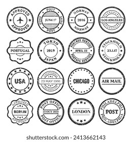 Post stamps, labels and badges. Grunge imprints and postmarks. Vintage circle postcard watermarks. Used envelope design elements. Vector illustration