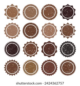 Post stamps, labels and badges. Grunge imprints and postmarks. Brown vintage circle postcard watermarks. Used envelope design elements. Vector illustration