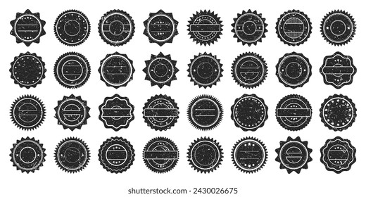 Post stamps, labels and badges. Grunge imprints and postmarks. Vintage circle postcard watermarks. Used envelope design elements. Vector illustration