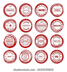 Post stamps, labels and badges. Grunge imprints and postmarks. Red vintage circle postcard watermarks. Used envelope design elements. Vector illustration