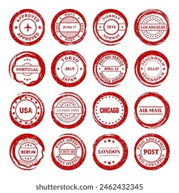 Post stamps, labels and badges. Grunge imprints and postmarks. Red vintage circle postcard watermarks. Used envelope design elements. Vector illustration