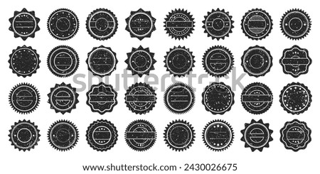 Post stamps, labels and badges. Grunge imprints and postmarks. Vintage circle postcard watermarks. Used envelope design elements. Vector illustration