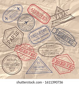 Post stamps labels on craft paper collection vector illustration. Set of grunge rubber colorful postage emblems on crumpled piece of paper flat style concept