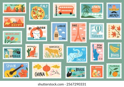 Post stamps. Landscape landmarks architectural objects colorful illustrations for postcards recent vector template pictures