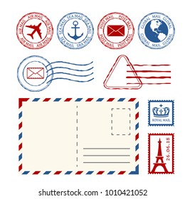 Post stamps, post marks and post mail collection. Vector design elements