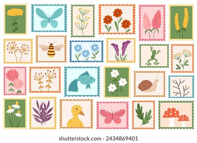 Post stamps with natural flourish plants, mushroom, duckling, butterfly, fish and bee insect vector illustration. Set of mail envelope postage labels with cute decorative floral drawing design set