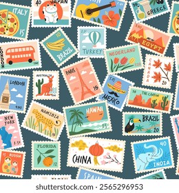 Post stamps pattern. Beautiful landscape illustration on pos stamps recent vector seamless background