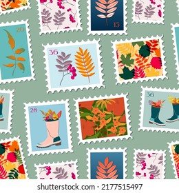 Post stamps seamless pattern illustration. Variety of modern vector isolated stamps. Autumn vintage concept post theme. Fall leaves and boots drawings  for mail and post design.