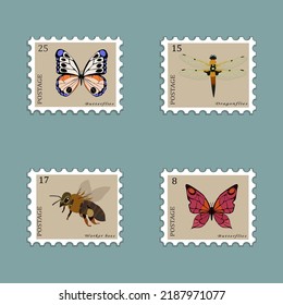 Post stamps set with butterflies, bee, dragonfly.  Vector illustration.