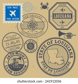 Post stamps set with name of Louisiana, New Orleans, vector illustration