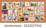 Post stamps set. Travel mail stickers, postage cards with world landmarks, landscapes, architecture, symbols of different countries. Postal souvenirs, philately. Isolated flat vector illustrations