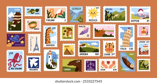 Post stamps set. Travel mail stickers, postage cards with world landmarks, landscapes, architecture, symbols of different countries. Postal souvenirs, philately. Isolated flat vector illustrations