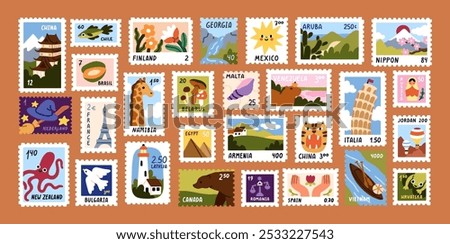 Post stamps set. Travel mail stickers, postage cards with world landmarks, landscapes, architecture, symbols of different countries. Postal souvenirs, philately. Isolated flat vector illustrations