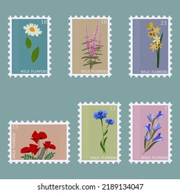 Briefmarken mit wilden Blumen.  Vektorgrafik.