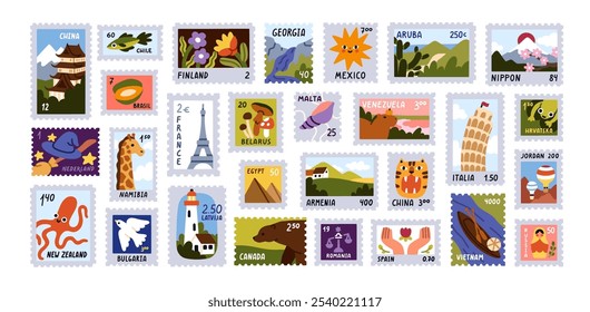 Conjunto de sellos postales. Lugares famosos del mundo, atracciones, tarjetas de correo de viaje, etiquetas engomadas de la letra, franqueo. Recuerdos postales internacionales con símbolos del país. Ilustraciones vectoriales planas aisladas sobre fondo blanco