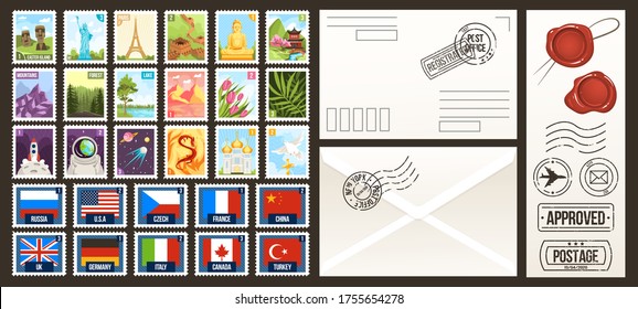 Post stamps vector illustrations. Cartoon flat postal collection of postage stamps, country of the world, vintage travel or nature labels and badges set, retro seal and postmark mail design templates