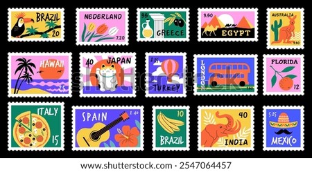 Post stamps. World landmark and architectural objects illustrations on post stamps recent vector template set