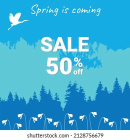 Post template in blue colors, the inscription "Spring is coming, sale 50%". Suitable for social media posting and online advertising