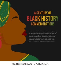 Eine Postvorlage für den 100. Jahrgang des Black History Month mit einer Nahaufnahme des Gesichts einer schwarzen Frau in einem Face-off-Stil. Vorlage für soziale Medien, Flyer, Postkarten usw.