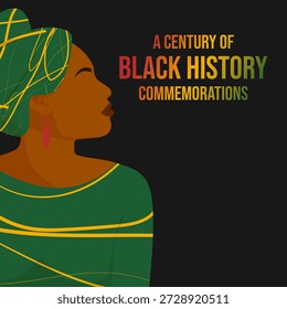 Una Plantilla de post para el centenario del Mes de la Historia Negra con un primer plano de una mujer negra. Plantilla para redes sociales, volantes, postales, etc.