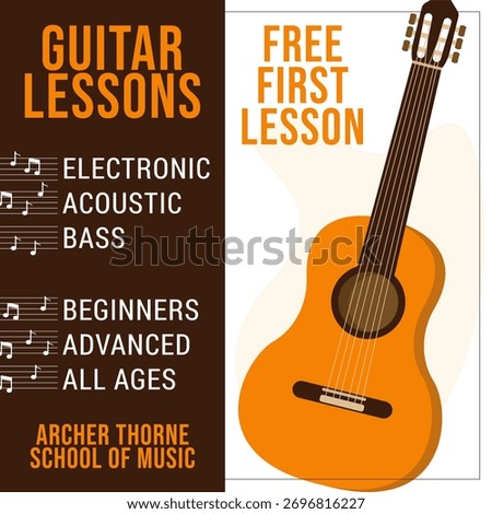Post template: Guitar lessons. Ad for guitar lessons, social media posts, and advertising.