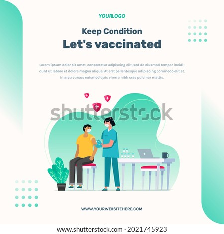 Post Template Illustration of a nurse vaccinating a patient, with a syringe, a vaccine bottle, table, chair and plants