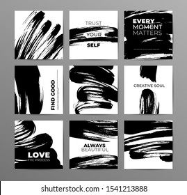 Post template for social media with typography. Set of Editable minimal square banner template. Brush strokes abstract posters. Vector ink illustration. Phone social network concept.