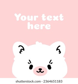 Post template for social networks, postcards. Cute white bear, kitten on a pink background. Children's vector illustration.