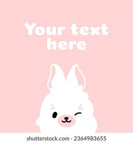 Post template for social networks, postcards. Cute white bunny, rabbit on a pink background. Children's vector illustration.