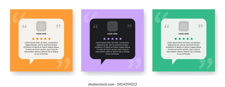 Publicar plantillas para revisiones de clientes. Testimonios de clientes en forma de burbujas de voz con espacio para fotos, textos y calificaciones de estrellas. Diseño de vectores para redes sociales o sitios web.