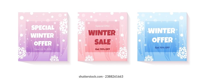 Post templates for social media with winter snowy backgrounds. Blue and pink sky with Blizzard, Snowdrifts and Snowfall. Sales Design elements blog, banner, poster, web template. Vector illustration