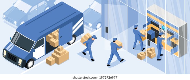 Post terminal horizontal illustration with postal workers loading parcels from delivery truck to automated lockers isometric vector illustration