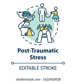 Post traumatic stress concept icon. PTSD. Horrifying memories. Mental illness. Psychology, psychiatry idea thin line illustration. Vector isolated outline RGB color drawing. Editable stroke