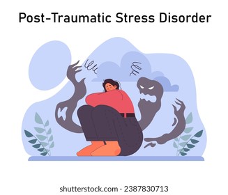 Post traumatic stress disorder. Female character suffering from mental disorder, dealing with despair, fear and pain. Anxiety and depression disease. Flat vector illustration