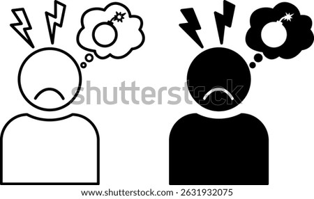 Post Traumatic Stress Disorder Icons. Black and White Vector Illustration. Severe Mental Disorder, PTSD. Irritability, Aggression, Sleep Problems. Mental Health Concept