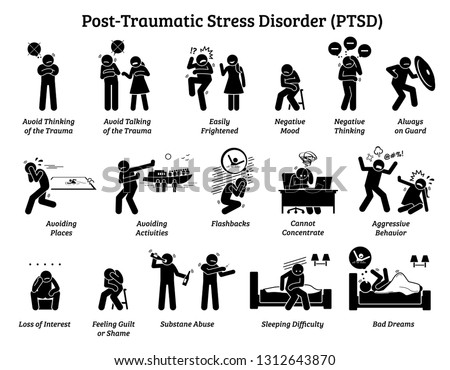 Post Traumatic Stress Disorder PTSD signs and symptoms. Illustrations depict man with post traumatic stress disorder facing difficulty in life and mental issue.