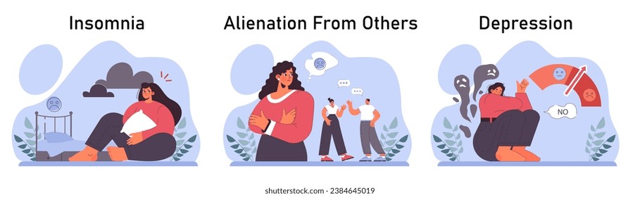 Post traumatic stress disorder set. Female character suffering from mental disorder, dealing with despair, fear and pain. Anxiety and depression disease. Flat vector illustration