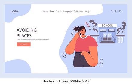 Banner web o página de aterrizaje de trastorno de estrés postraumático. Mujer que sufre de desorden mental, lidiando con la desesperación, el miedo y el dolor. Ansiedad y depresión. Ilustración vectorial plana