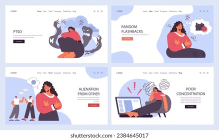 Post traumatic stress disorder web banner or landing page set. Woman suffering from mental disorder, dealing with despair, fear and pain. Anxiety and depression disease. Flat vector illustration