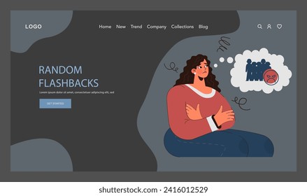 Banner web de trastorno de estrés postraumático o modo de inicio oscuro o nocturno. Mujer que sufre de desorden mental, lidiando con la desesperación, el miedo y el dolor. Ilustración vectorial plana