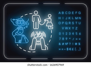 Post traumatic stress neon light concept icon. PTSD. Traumatic experience idea thin line illustrationidea. Outer glowing sign with alphabet, numbers and symbols. Vector isolated RGB color illustration