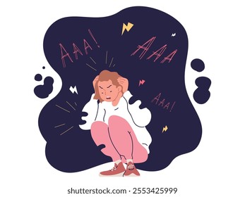 Post traumatic stress. Sad woman psycho obsessive compulsive issues, mental disorder ptsd depression traumatic pain anxiety loneliness obsessed person vector illustration original artwork