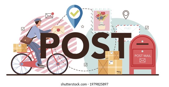 Post typographic header. Post office staff providing mail service, accepting of letter and package. Delivery and international comunication. Isolated flat vector illustration
