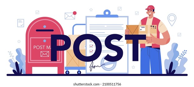 Post typographic header. Post office staff providing mail service, accepting of letter and package. Delivery and international comunication. Isolated flat vector illustration