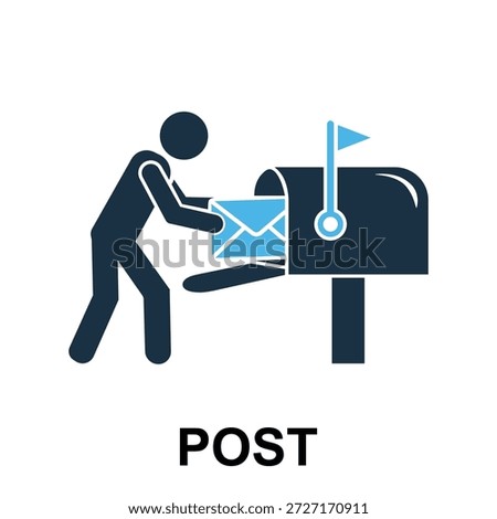 Post vector icon showing person delivering mail to mailbox. Represents postal service, delivery, correspondence, and communication. Icon for mail.
